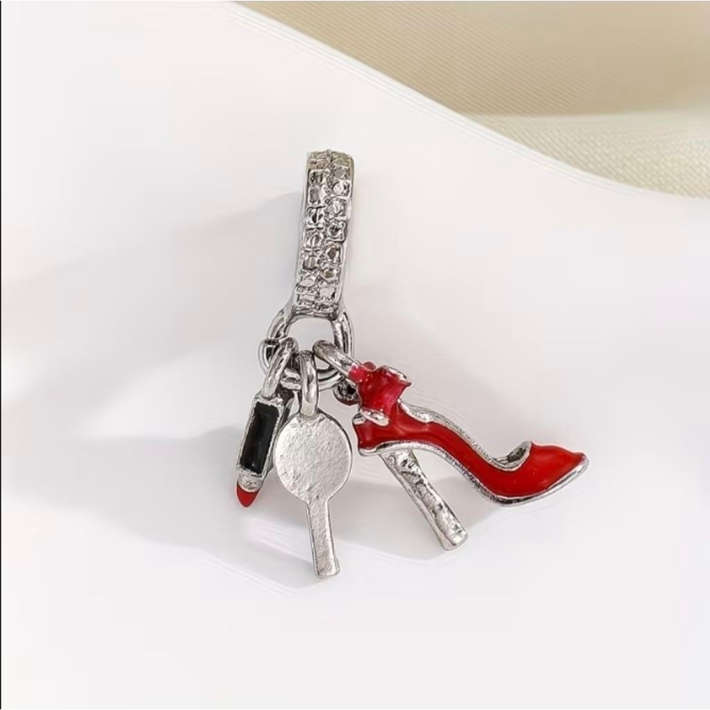 Women's Silver & Red High Heel & Lipstick Charm Bracelet - Picture 2 of 4